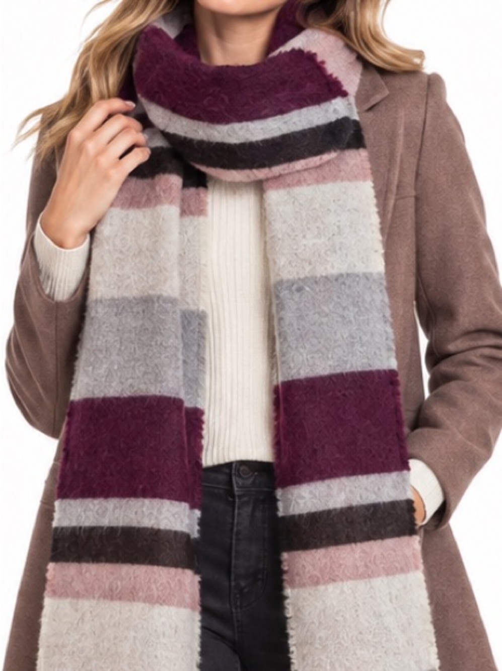 Express Striped Burgundy, Gray, Pink & Black Cozy Knit Scarf